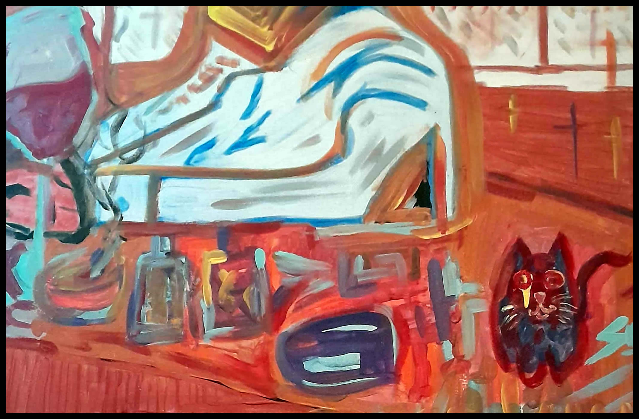Abstract Bar Scene with Cat – Original Hand-Painted Canvas