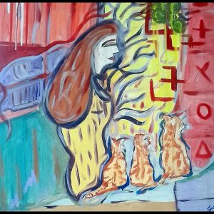 Abstract Woman with Three Kittens – Hand-Painted Acrylic on Canvas